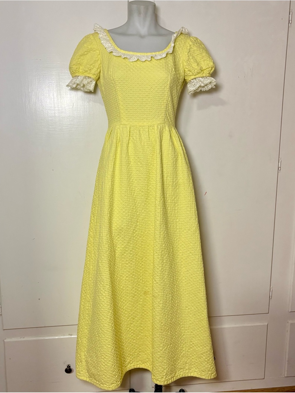 Vintage 70s Yellow Puff Sleeve Lace Trim Square Neck Prairie Maxi Dress